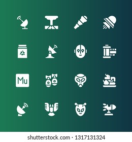 space icon set. Collection of 16 filled space icons included Rocket, Alien, Deformity, Satellite dish, Waffle, Missile, Muse, Film strip, Science fiction, Milk box, Ufo, Telescope