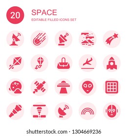 space icon set. Collection of 20 filled space icons included Satellite dish, Meteorite, Aurora, Shooting star, Kite, Hand bag, Landing, Rocket, Full moon, Satellite, Ufo, Alien