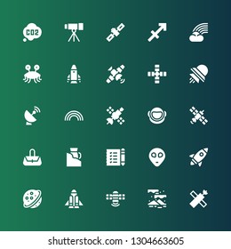 space icon set. Collection of 25 filled space icons included Satellite, Aurora, Rocket launch, Saturn, Rocket, Alien, Shopping list, Laser, Hand bag, Astronaut, Rainbow, Satellite dish