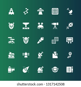 space icon set. Collection of 25 filled space icons included Shopping list, Astronaut, Observatory, Asteroid, Film strip, Kite, Laser, Satellite dish, Satellite, Waffle, Doormat