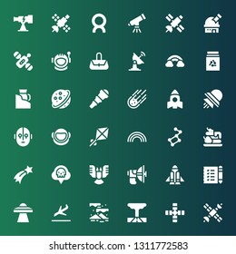 space icon set. Collection of 36 filled space icons included Satellite, Tornado, Aurora, Landing, Ufo, Shopping list, Rocket launch, Parabolic, Deformity, Co, Shooting star, Waffle