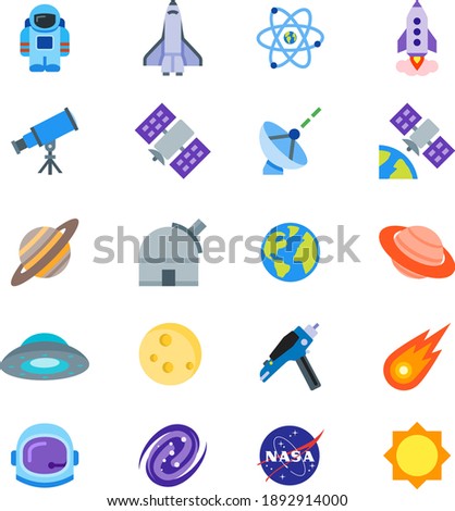 Space icon set collection of astronaut spaceship atoms rocket telescope satellite rotating earth planet earth Venus planetarium Jupiter UFO moon laser gun asteroid galaxy NASA sun