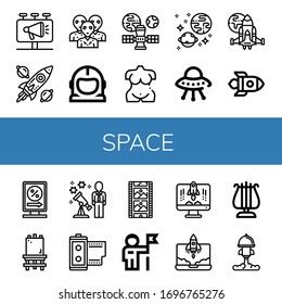 space icon set. Collection of Billboard, Spacecraft, Alien, Space suit, Satellite, Venus, Universe, Ufo, Spaceship, Rocket, Billboards, Canvas, Stargazing, Film roll, Film strip icons