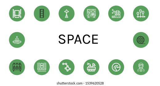 space icon set. Collection of Heated towel rail, Film roll, Space needle, Billboard, Observatory, Timeline, Constellation, Moon rover, Pluto, Astronaut, Ufo icons
