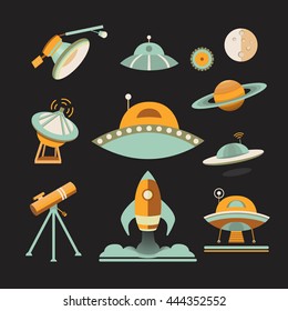 Space icon set. Collection of vector space objects: planets, ufo, rocket, moon, satellite, telescope. Icons flat style. Symbols of universe and cosmos. Illustration in vintage style.
