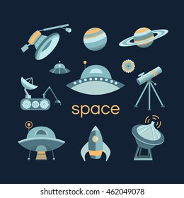 Space icon set. Collection of vector space objects: planets, ufo, rocket, spaceship, satellite, telescope. Icons flat style. Symbols of universe and cosmos. Illustration in vintage style.