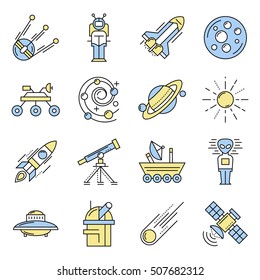 Space icon set in color with blue and yellow colors in linear style vector illustration