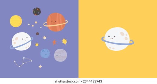 Space icon set. Cute outer space design for kids. Hand drawn vector illustration.Concept for children print.