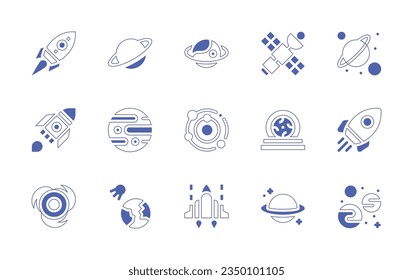 Space icon set. Duotone style line stroke and bold. Vector illustration. Containing rocket, saturn, planet, satellite, planets, space rocket, mercury, solar system, portal, shuttle, vortex, spaceship.