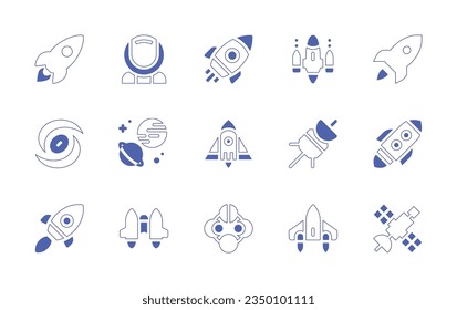Space icon set. Duotone style line stroke and bold. Vector illustration. Containing rocket, space traveler, invaders, vortex, planet, spaceship, probe, jetpack, moon phase, space shuttle.