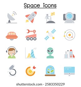 Space icon set  in flat color style