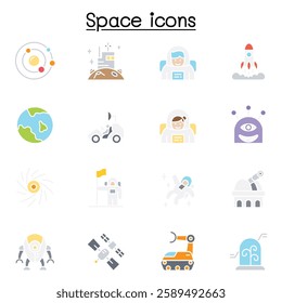 Space icon set in flat color style