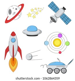 Space icon set in flat style. Set include rocket, ufo, satellites, stars, planet with ring, planetary system and lunar rover.