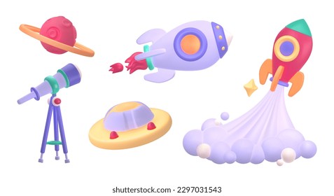 Space icon set. Galaxy colored element for websites. Volumetric stickers with Jupiter, spaceship, aliens, rocket, telescope and planet. 3D realistic vector collection isolated on white background