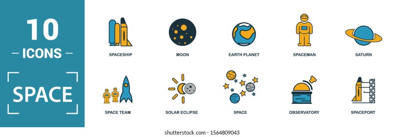 Space icon set. Include creative elements earth planet, stars, spaceship, spacemen, telescope icons. Can be used for report, presentation, diagram, web design.