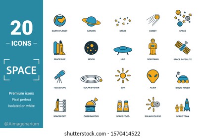 Space icon set. Include creative elements earth planet, stars, spaceship, spacemen, telescope icons. Can be used for report, presentation, diagram, web design.
