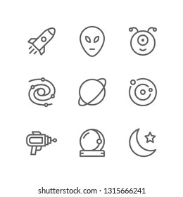 Space icon set including rocket, alien, martian, galaxy, planet, solar system, astronaut, moon, astronomy