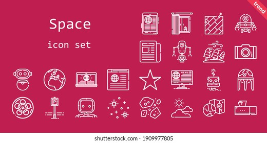 space icon set. line icon style. space related icons such as news, parking, newspaper, tissue box, star, asteroids, earth globe, photo, hurricane, film, stars, robot, cloudy, earth, worldwide
