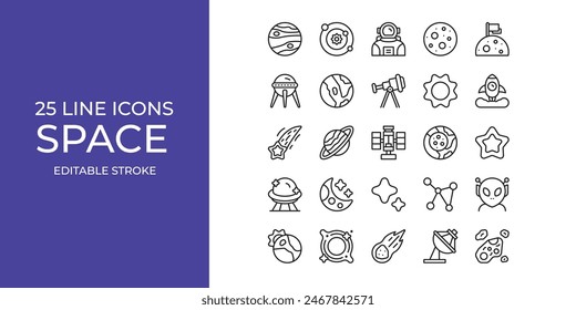 Space icon set line vector design editable stroke. rocket, meteor, star, and more