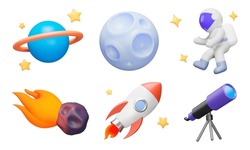 Space Icon Set. Space Objects, Astronaut, Stars, Telescope, Rocket, And More. Isolated 3d Icons, Objects On A Transparent Background