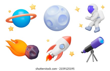 Conjunto de iconos de espacio. Objetos espaciales, astronautas, estrellas, telescopio, cohete y más. Iconos 3d aislados, objetos sobre un fondo transparente
