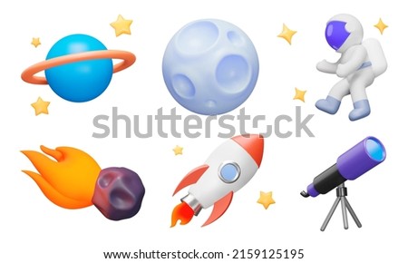 Space icon set. Space objects, astronaut, stars, telescope, rocket, and more. Isolated 3d icons, objects on a transparent background
