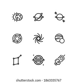 Space icon set on white background. Contains icons such as Milky way, Galaxy, Eclipse, and more. Vector Illustration