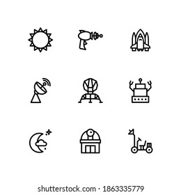 Space icon set on white background. Contains icons such as Robot, Shuttle, Satellite, and more. Vector Illustration