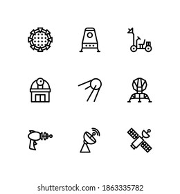 Space icon set on white background. Contains icons such as Observatory, Laser Gun, Satellite, and more. Vector Illustration