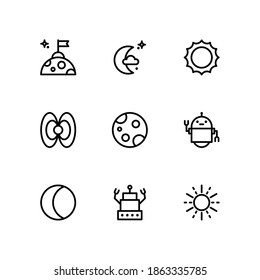 Space icon set on white background. Contains icons such as Conquer, Moon, Sun, and more. Vector Illustration
