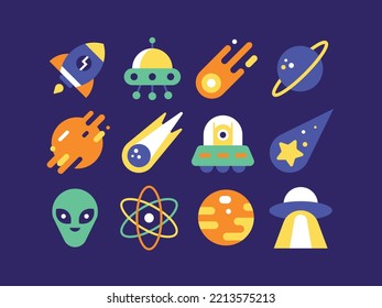 Space icon set with planet, mars, Saturn, flying saucer, meteorite, comet, shooting star, alien, UFO, atom, rocket, big bang.