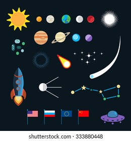 Space icon set. Planets, stars, spaceships, ufo, satellite, asteroids, meteorites and others