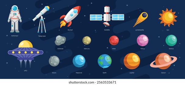 Space icon set. Sun, galaxy, solar system, astronaut, rocket, telescope, UFO, satellite, meteorite.