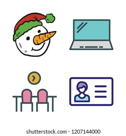 space icon set. vector set about snowman, workspace, laptop and id card icons set.