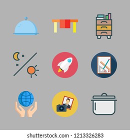 space icon set. vector set about photo camera, nightstand, table and planet earth icons set.