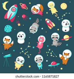 Space icon set. Vector illustration of cute animals astronauts panda, raccoon, cat and fox in outer space, rockets, UFO, planets, constellations, stars.