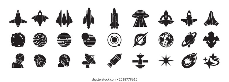 Conjunto de iconos espaciales, Vector de ciencia ficción cósmica retro signo futurista, lanzamiento de cohetes, nave cósmica alienígena, casco. Colección de símbolos tecno de astronomía, sistema solar, asteroide, silueta de astronauta. Kit de iconos de espacio