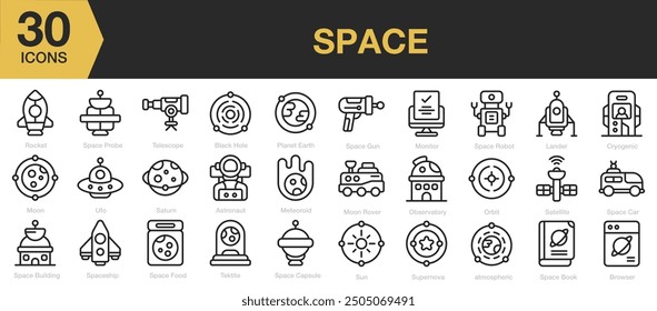 Space icon sets. Includes Rocket, Space Probe, Telescope, Black Hole, Planet Earth, Moon, Ufo, Saturn, Astronaut, and More. Outline icons vector collection.