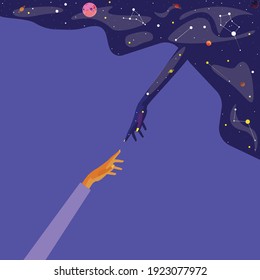 space icon. starry sky. Universe. connection with the universe. hand pointing to space