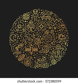 Space icons arranged in a circle isolated on background. Space template or design element for banner, flyer, t-shirt, book cover. Line style vector illustration. Space symbols.
