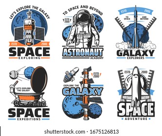 Space icons with astronaut, rockets and galaxy planets, astronomy and universe exploring. Vector spaceship, satellite, Earth and Moon, spaceman, star and launch pad, lunar rover and space suit