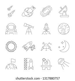 Space icons, astronomy theme, outline style. Contains moon, sun, earth, moon rover, satellite, asteroids, solar, telescope, galaxy, meteorites, observatory and other signs. Editable Stroke. EPS 10