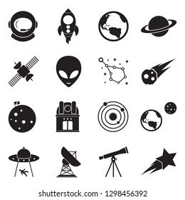 Space Icons. Black Flat Design. Vector Illustration. 