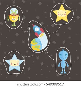 Space icons in cartoon style. Rocket flying around Earth, aliens characters, smiling cute stars vectors set isolated on starry grey background. Astronomic concept for childrens book illustrating