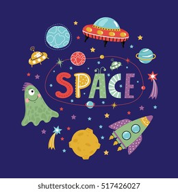 Space Icons In Cartoon Style. Spaceship, Flying Saucer, Cute Alien, Colorful Stars, Planets, Comets, Text Collage Vectors Isolated On Blue Background Set. Funny Astronomic Concept For Childrens Book