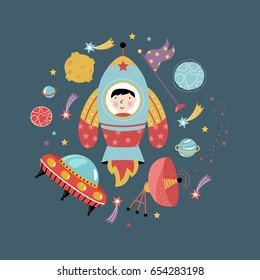 Space icons in cartoon style. Spaceship, flying saucer, cute aliens, colorful stars, planets, comets vector icons isolated on blue background set. Astronomic funny illustration for childrens book
