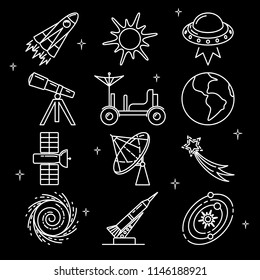 Space icons collection in thin line style. Spaceship, telescope, UFO, planet, rocket and other symbols.
