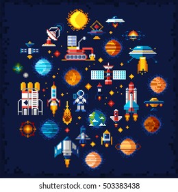 Space Icons Composition In Pixel Art Style