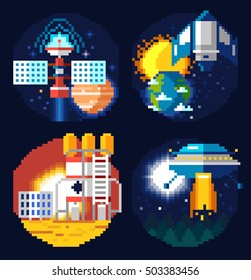 Space icons composition in pixel art style