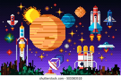 Space icons composition in pixel art style